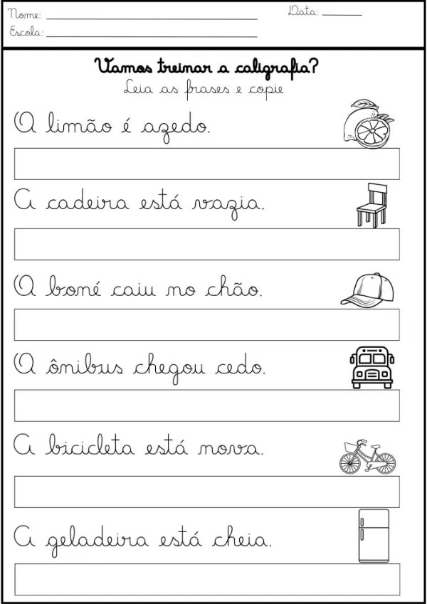 Páginas da Apostila de Caligrafia com Letra Cursiva